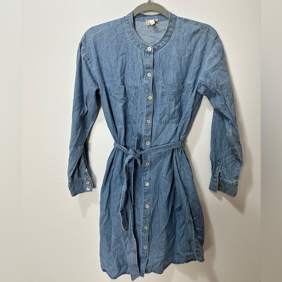 Eileen Fisher Women’s XXS Chambray Shirt Dress Denim Cotton Blue Tie Button Down - Picture 1 of 5